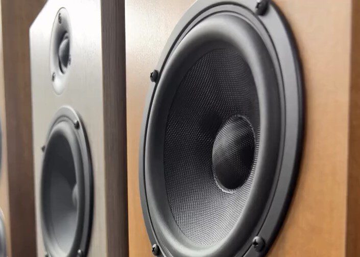 Close-up of the front panels of two wooden audio speakers, showing the black circular speaker cones and smaller tweeters. The focus is on the speaker in the foreground, with another speaker blurred in the background.