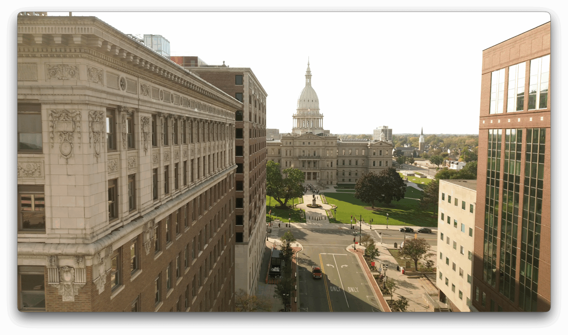 Lansing mi drone service commercial real estate part 107 licensed aerial footage photography glynn media group Steven Glynn Lansing mi mid Michigan Grand Rapids Detriot bogie tower downtown