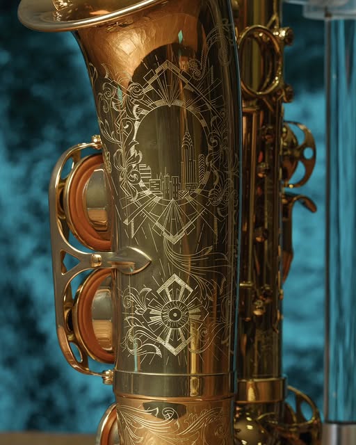 A close-up of a golden saxophone with intricate engravings, including a city skyline and decorative patterns, set against a teal background—capturing the spirit of Meridian Winds in this New Era of musical artistry.