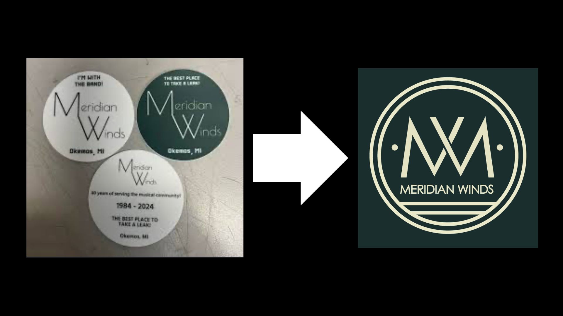 Three circular Meridian Winds stickers with different designs are shown on the left, with an arrow pointing right to a new, modern Meridian Winds logo—ushering in a New Era of style with its stylized MW letters in a circular emblem.