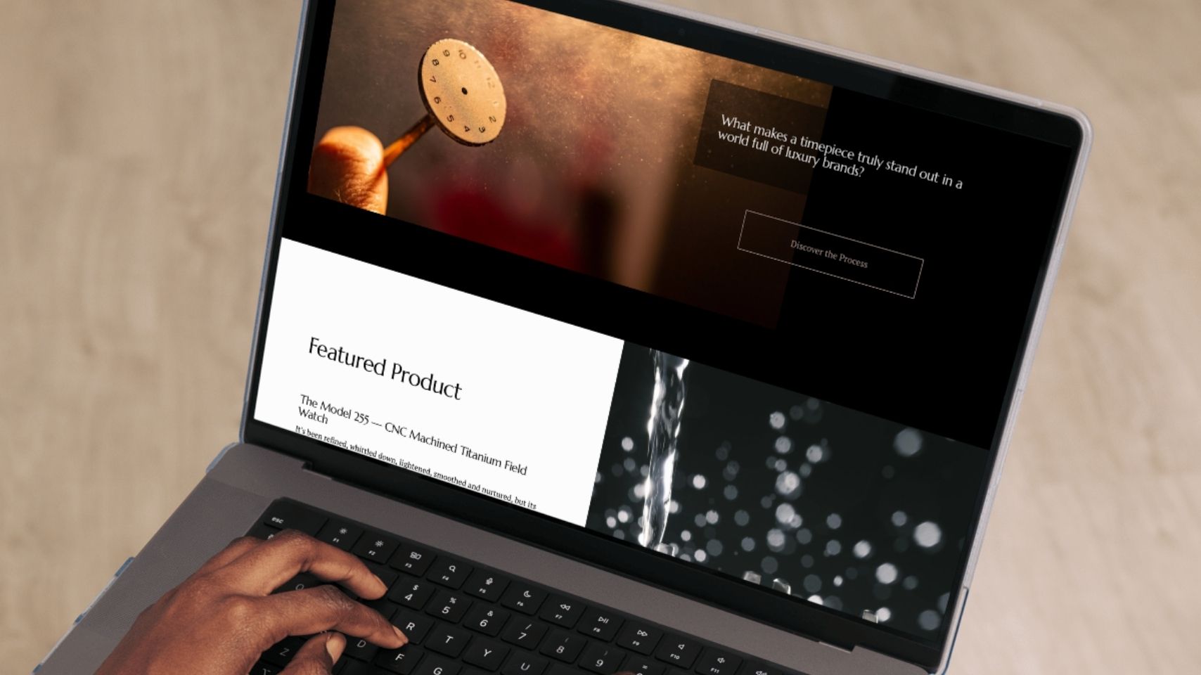 A person’s hand rests on a laptop keyboard while browsing a Clement Studios website displaying a luxury beauty product, with text sections and product images visible on the screen, highlighting expert SEO elements.