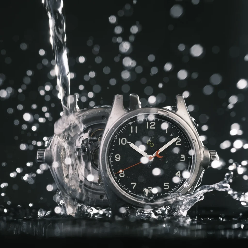 A close-up of a Clement Studios wristwatch with water splashing over it, highlighting its water resistance. The dark background makes the watch’s shiny details and water droplets stand out. Perfect for SEO-driven luxury showcases.