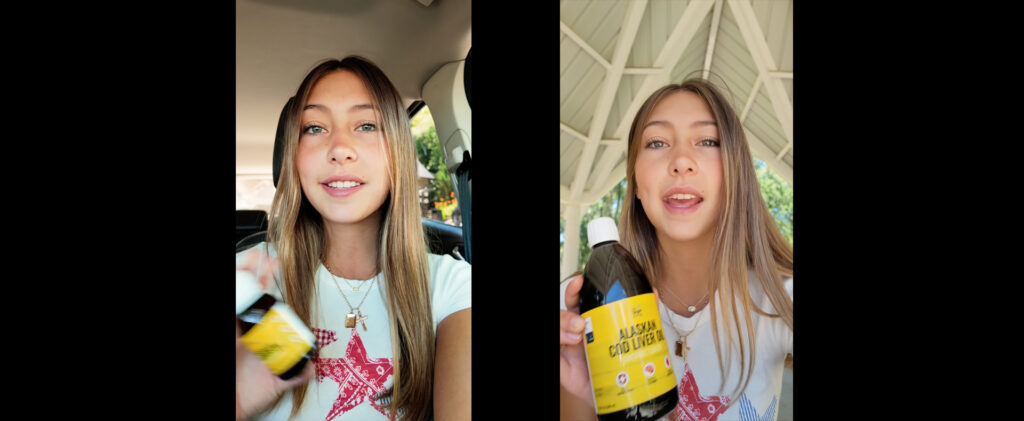 Two side-by-side photos of a young woman with long light brown hair holding a bottle labeled Saladita CBD Limonada. Smiling and appearing to talk to the camera, she looks like she's filming a Social Ad—similar to ads for wellness drinks like Cod Liver Oil.